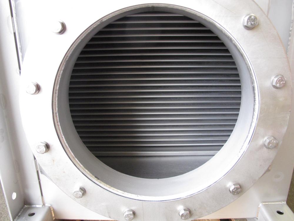 View inside the heatexchanger, flat-pipes visible